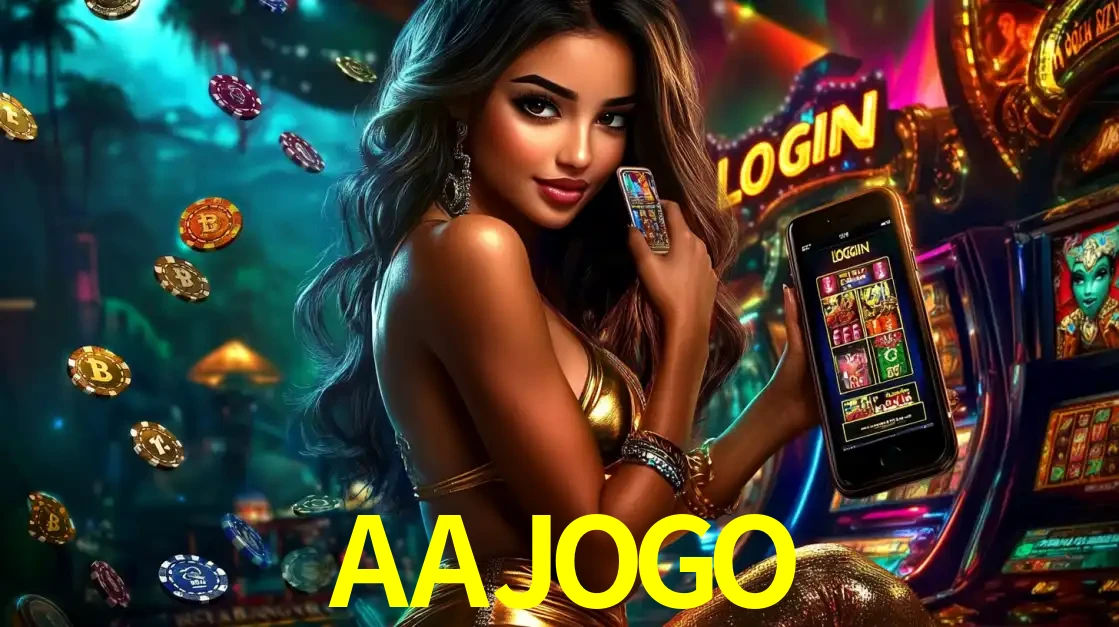 Mulher em um cenário de cassino temático de aventura, mostrando o app de caça-níqueis da AAJOGO no celular. Fichas de apostas flutuam ao redor.