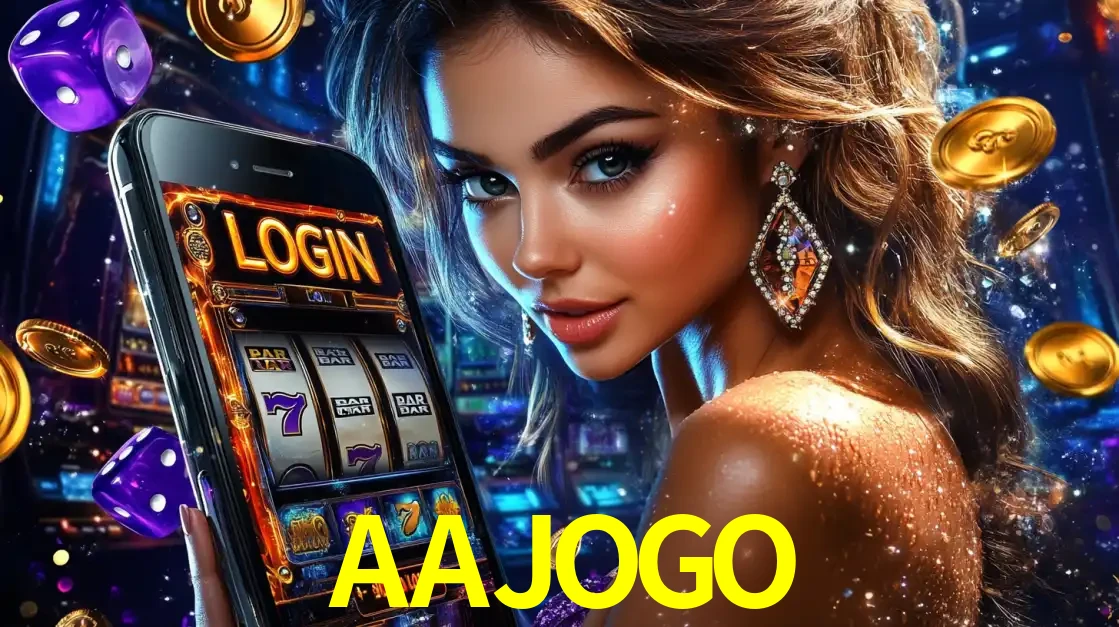 Mulher glamorosa segurando um smartphone com a tela de login para os jogos de caça-níqueis do cassino online AAJOGO, com moedas de ouro e dados ao redor.
